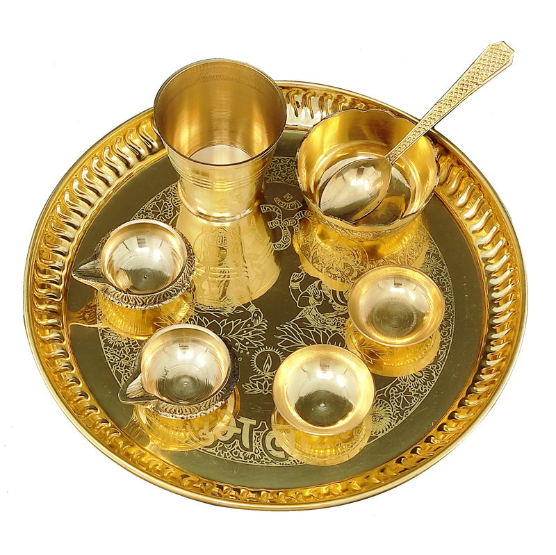 NOBILITY Brass Pooja thali Set 8 Inch with Pital Plate Glash Spoon Chandan Bowls Prasad Bowl Puja Arti Thali for Diwali Home Mandir Office Wedding Return Gift Items