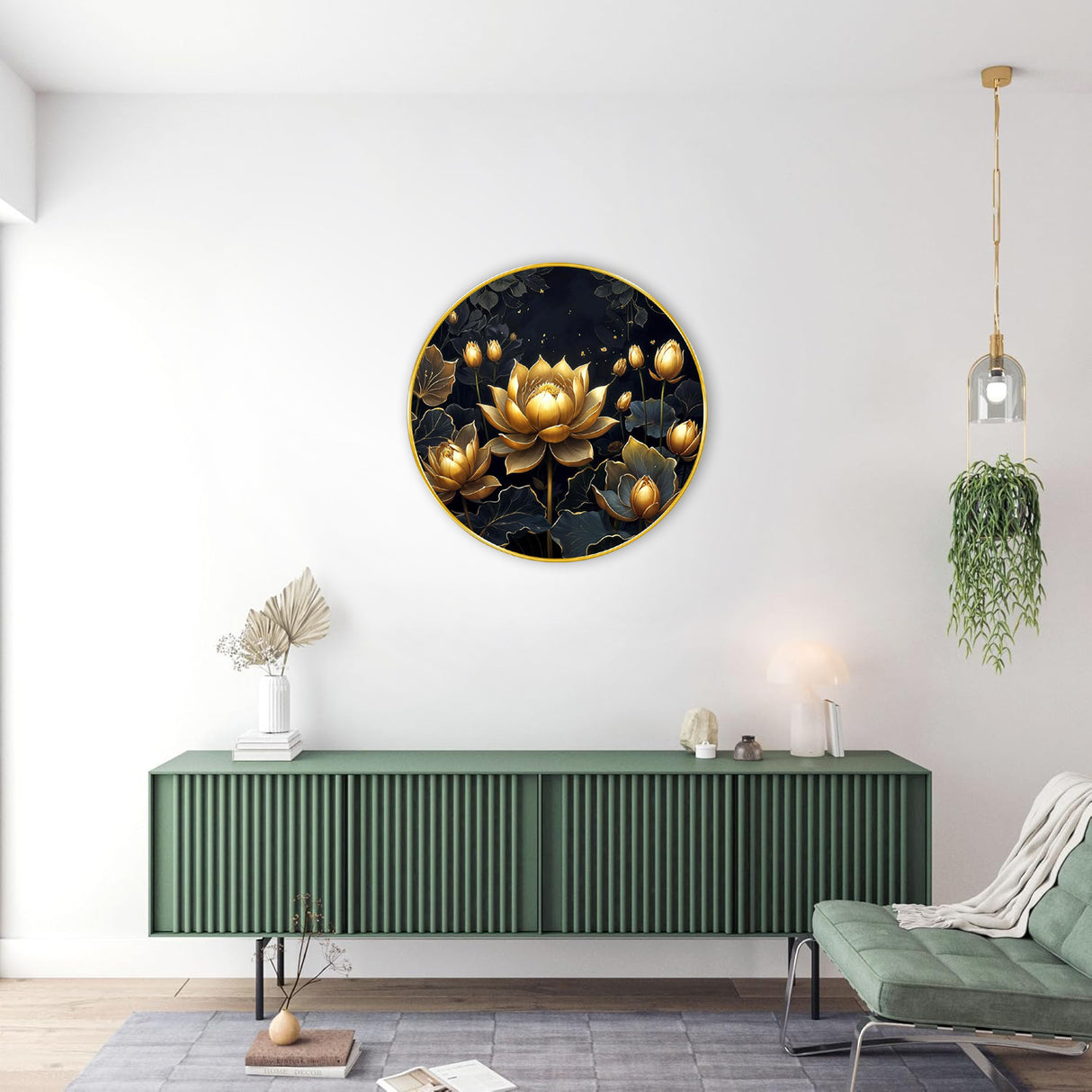 NOBILITY Golden Lotus Painting modern sparkle lamination Flower wall art with premium golden slim frame for Home Living Room Office Wedding Return Christmas Diwali Gift Items for Friends Family