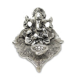 NOBILITY Ganesha on Leaf Statue Silver Ganesh Idol with Diya for Home Office Pooja Puja Diwali Decorative Wedding Return Gift Item