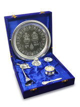 NOBILITY Pooja Thali Set Silver Plated with Blue Gift Box Designed Puja Plate 22 CM Bowl Ghanti Kalash Spoon Dhup Dan Diya for Home Office Diwali Wedding Return Gift Items