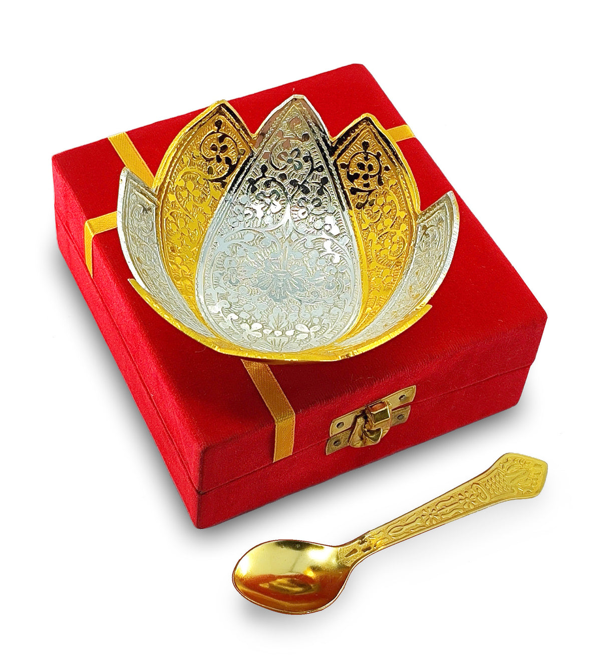 NOBILITY Silver Plated Bowl Spoon Set Light Weight with Red Box Dessert Dry Fruits Serving Wedding Return Gifts Diwali Christmas Eid Friends Family Home Decoration Corporate Gift Items