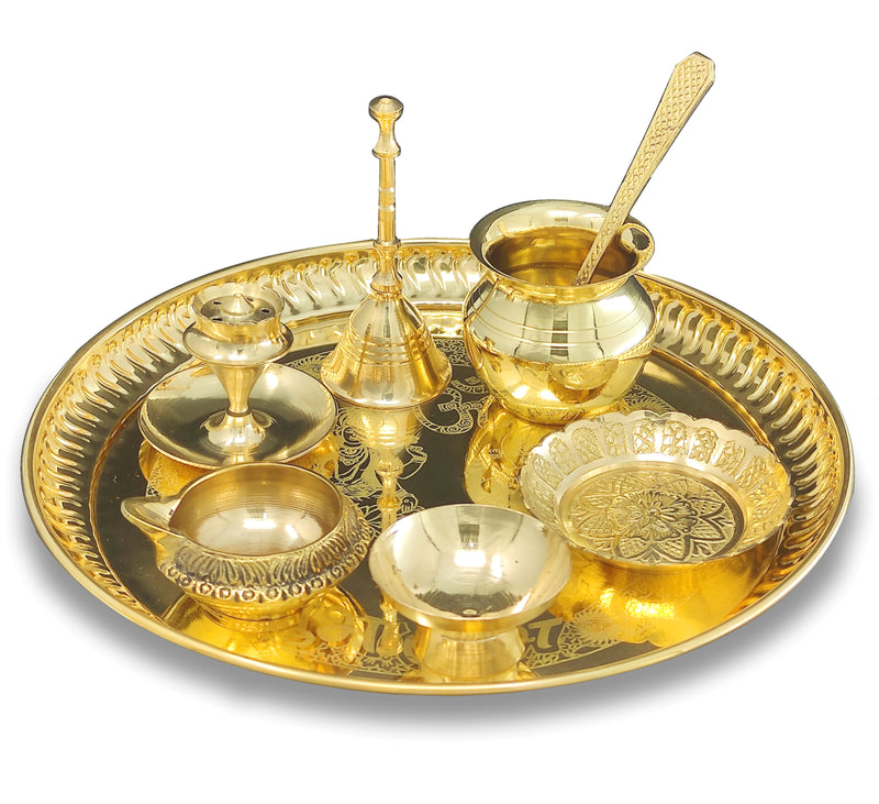 NOBILITY Brass Pooja thali Set 8 Inch with Pital Plate Dhup Dan Kalash Spoon Ghanti Bowl Kuber Diya Kangura Plate Puja Thali for Diwali Home Mandir Office Wedding Return Gift Items