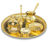 Brass Pooja thali Set 8 Inch with Pital Plate Glass Spoon Ghanti Bowl Agarbatti Stand Kuber Diya Puja Thali for Diwali Home Mandir Office Wedding Return Gift Items