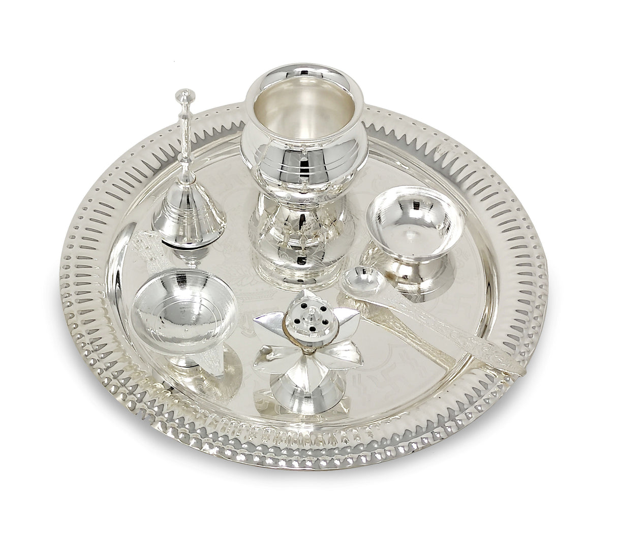 Pooja Thali Set Silver Plated with Red Gift Box Designed 22 cm Puja Plate Kalash Bowl Ghanti Spoon Dhup Dan Diya for Home Office Diwali Wedding Return Gift Items