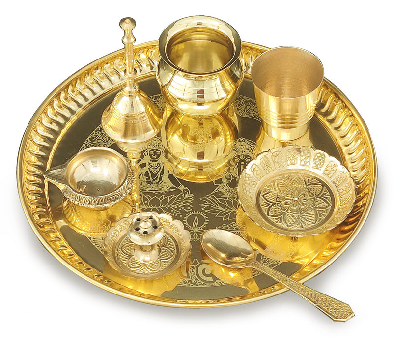 NOBILITY Brass Pooja thali Set 8 Inch with Pital Plate Kalash Spoon Glass Diya Bowl Dhup Dan Ghanti Kangura Plate Puja Arti Thali for Diwali Home Mandir Office Wedding Return Gift Items