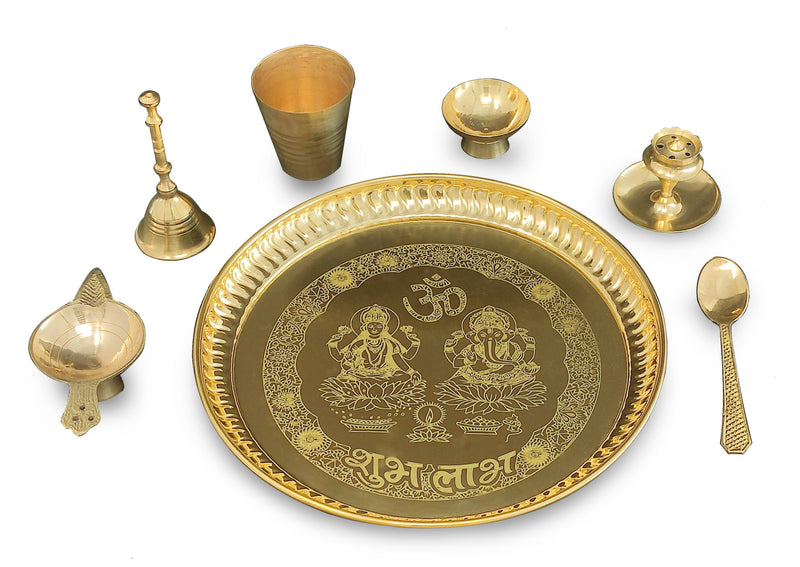 NOBILITY Brass Pooja thali Set 8 Inch with Pital Plate Agarbatti Stand Glass Spoon Ghanti Bowl Diya Puja Thali for Diwali Home Mandir Office Wedding Return Gift Items