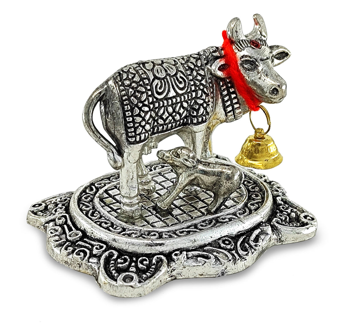 NOBILITY Small Kamdhenu Cow with Calf Metal Statue with Blue Gift Box Decorative Item Showpiece for Home Office Diwali Decoration Items Wedding Return Gifts