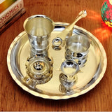 NOBILITY Silver Plated Subh Labh Pooja Thali Set 8 Inch for Mandir Temple Festival Ethnic Puja Thali Gift for Diwali Home Office Wedding Return Gift Items