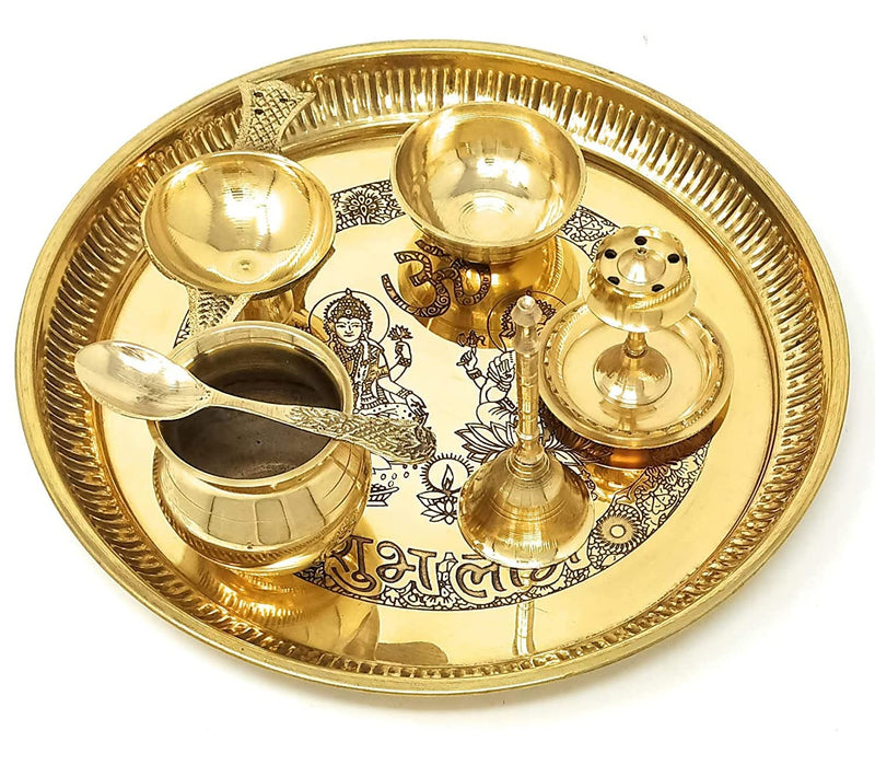 NOBILITY Brass Pooja thali Set 8 Inch Puja Set for Diwali Home Office Mandir Wedding Return Gift Items