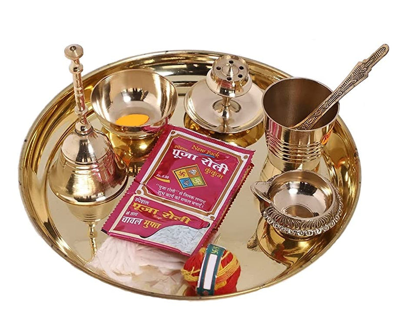 NOBILITY Brass Pooja thali Set 7 Inch Festival Ethnic Puja Thali for Diwali Home Office Mandir Wedding Return Gift Items