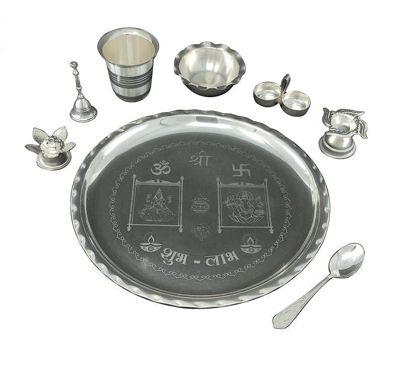 NOBILITY 12 Inch Silver Plated Pooja Thali Set with Accessories Daily Puja Decorative Gifts for Home Office Mandir Diwali Wedding Return Gift Items