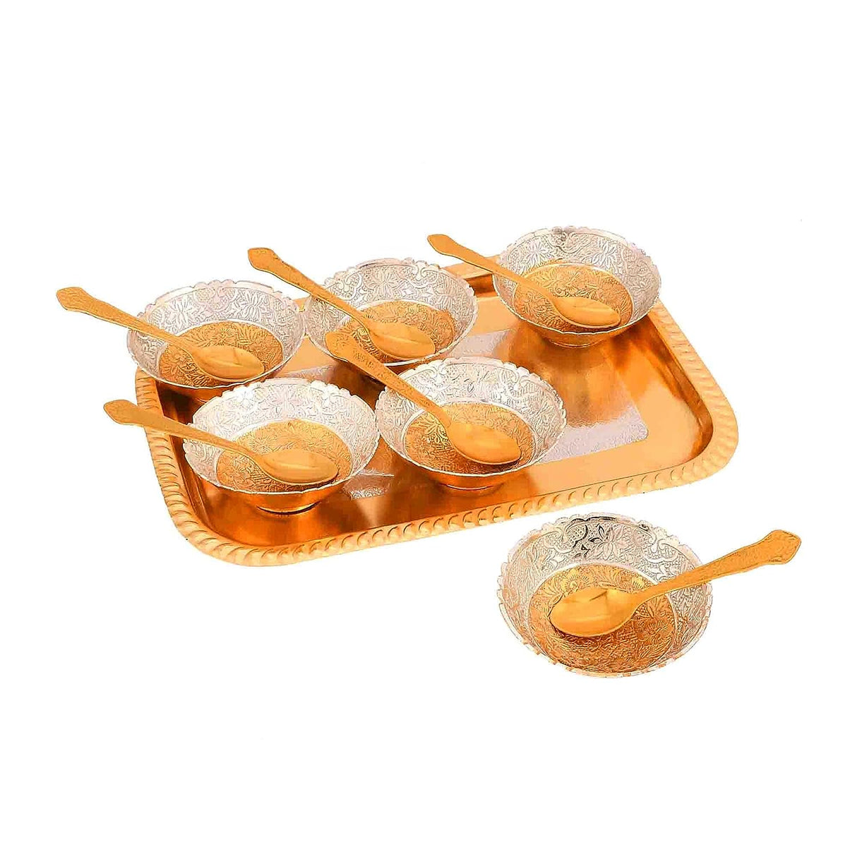 NOBILITY Bowl Spoon Tray Set Gold Silver Plated Dry Fruits Dessert Serving Friends Family Housewarming Home Decoration Corporate Wedding Return Gifts Diwali Eid Christmas Gift items