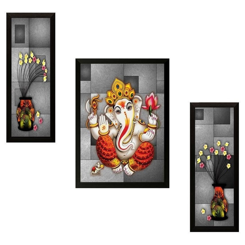 NOBILITY Ganesha Framed Painting Set of 3 Ganesh Wall Art Decor Statue Idol Decoration for Home Living Room Office Wedding Return Gift Items friends family