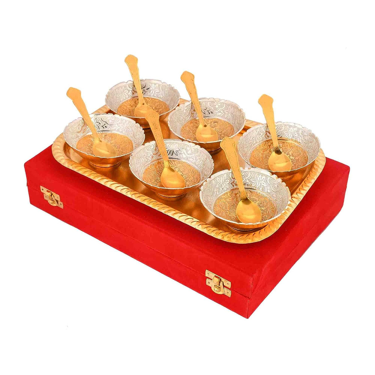 NOBILITY Bowl Spoon Tray Set Gold Silver Plated Dry Fruits Dessert Serving Friends Family Housewarming Home Decoration Corporate Wedding Return Gifts Diwali Eid Christmas Gift items