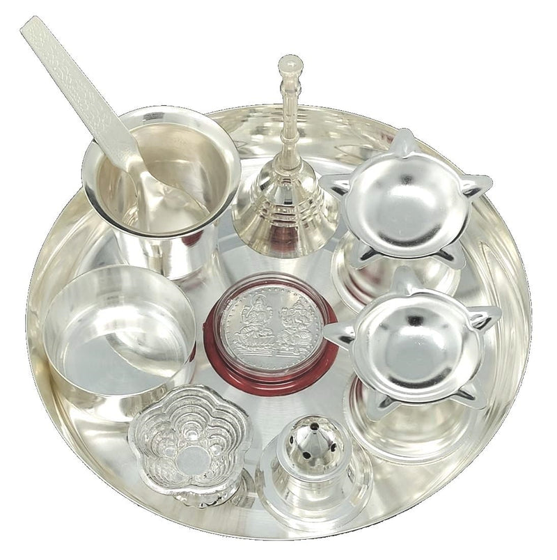 NOBILITY Silver Plated Pooja Thali Set 6 Inch Premium Puja Decorative for Home Mandir Office Wedding Return Gift Items