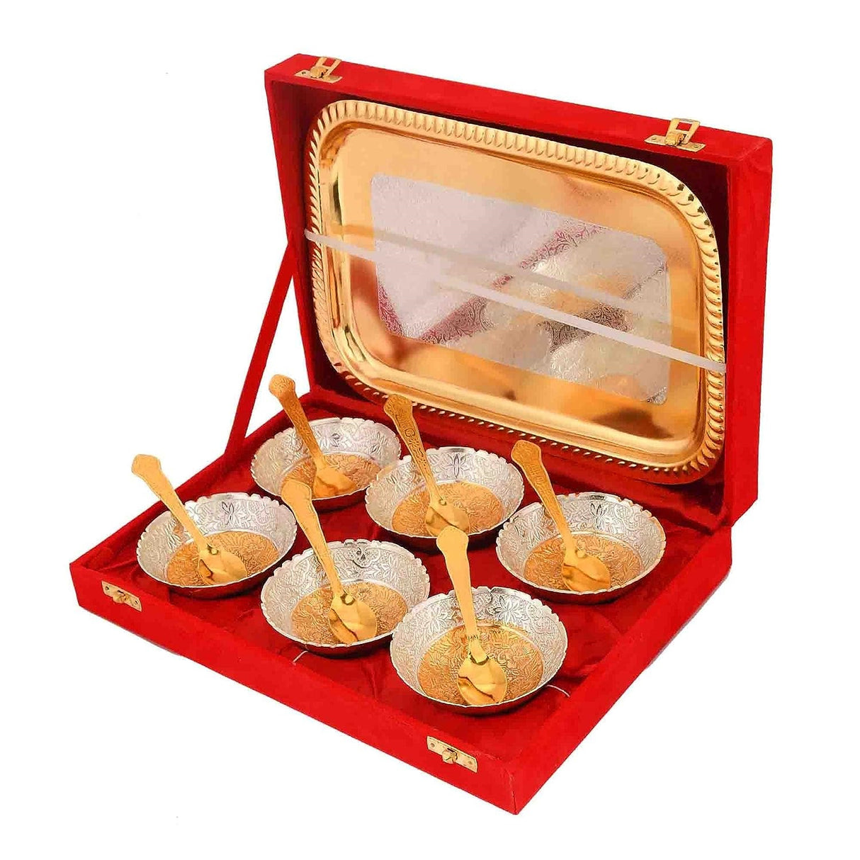 NOBILITY Bowl Spoon Tray Set Gold Silver Plated Dry Fruits Dessert Serving Friends Family Housewarming Home Decoration Corporate Wedding Return Gifts Diwali Eid Christmas Gift items