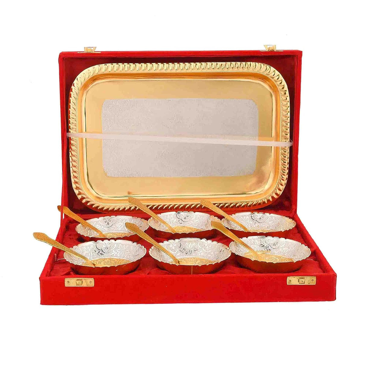 NOBILITY Bowl Spoon Tray Set Gold Silver Plated Dry Fruits Dessert Serving Friends Family Housewarming Home Decoration Corporate Wedding Return Gifts Diwali Eid Christmas Gift items