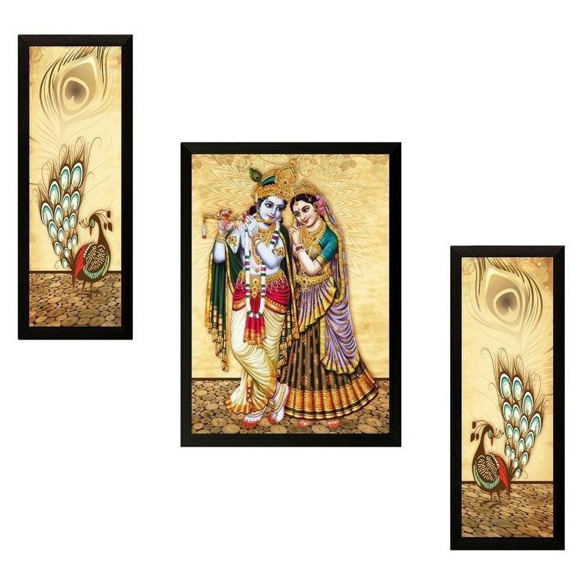 NOBILITY Radha Krishna Framed Painting Set of 3 Wall Art Decor Statue Idol Janmashtami Decoration for Home Living Room Office Wedding Return Gift Items friends family