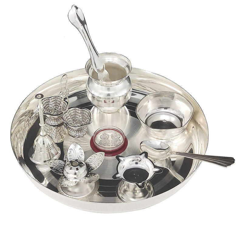 NOBILITY Silver Plated Pooja thali Set 8 Inch with Plate Diya Kalash Bowl Ghanti Dhup Dan Palli Spoon Kumkum Stand Coin Puja Thali for Diwali Home Mandir Office Wedding Return Gift Items