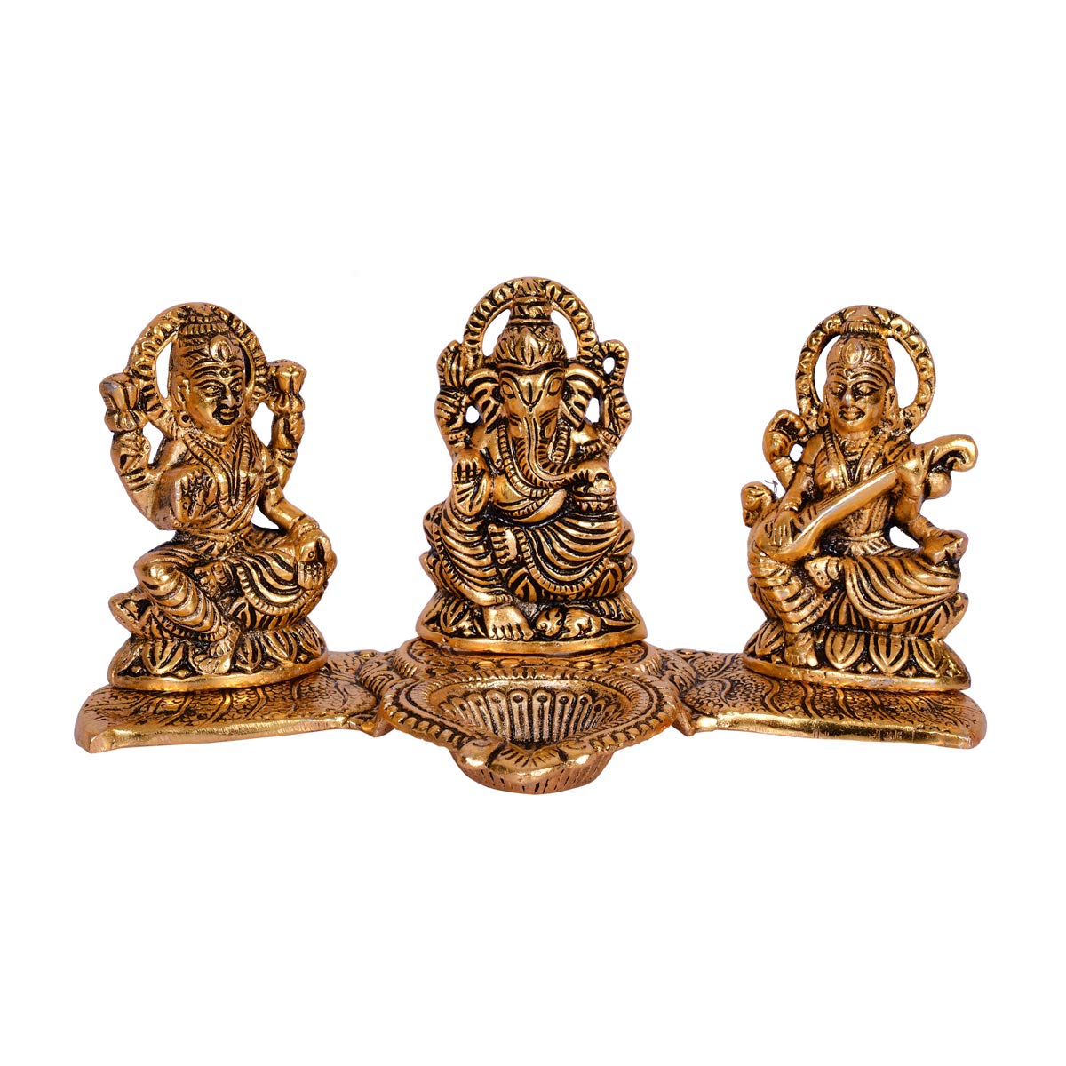 NOBILITY Lakshmi Ganesh Saraswati Statue with Diya Oil Deepak Metal Laxmi Ganesha Idol Showpiece Deepam Traditional Diya for Diwali Home Decoration Wedding Return Puja Gift Items