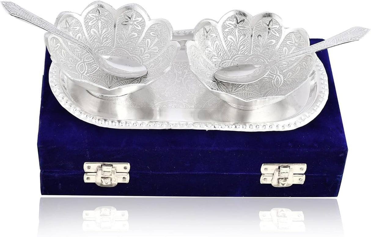 NOBILITY Silver Plated Bowl Spoon Tray Set Dessert Dry Fruits Serving Diwali Christmas Eid Wedding Return Gifts Friends Family Home Decoration Housewarming Corporate Gift items