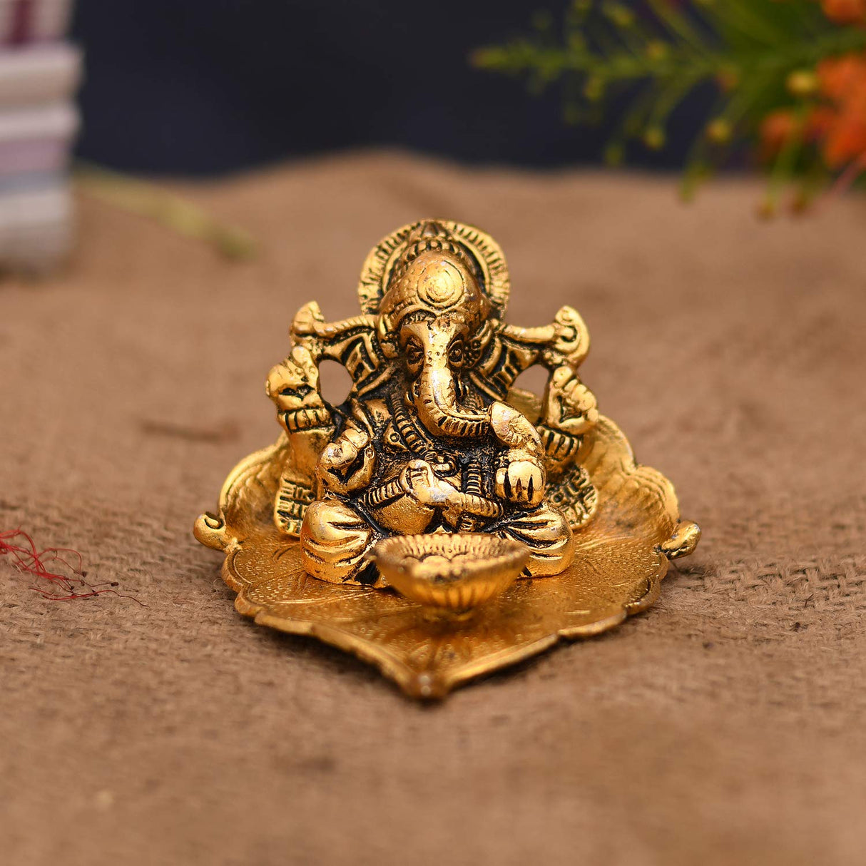 NOBILITY Ganesha on Leaf Statue Gold Ganesh Idol with Diya for Home Office Pooja Puja Diwali Decorative Wedding Return Gift Items