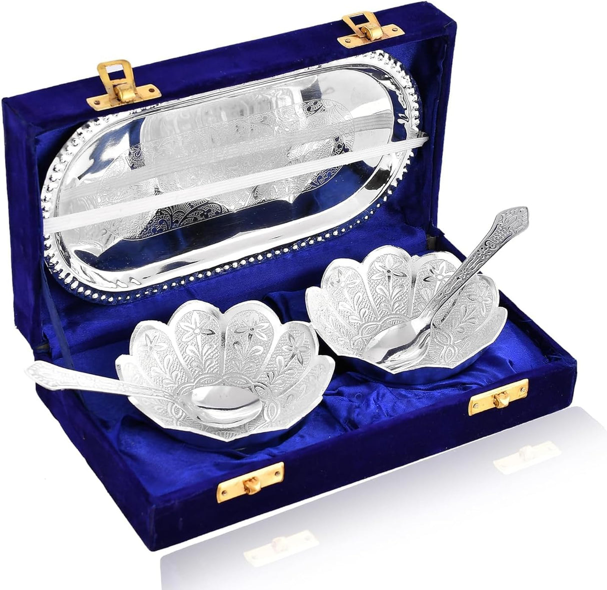 NOBILITY Silver Plated Bowl Spoon Tray Set Dessert Dry Fruits Serving Diwali Christmas Eid Wedding Return Gifts Friends Family Home Decoration Housewarming Corporate Gift items