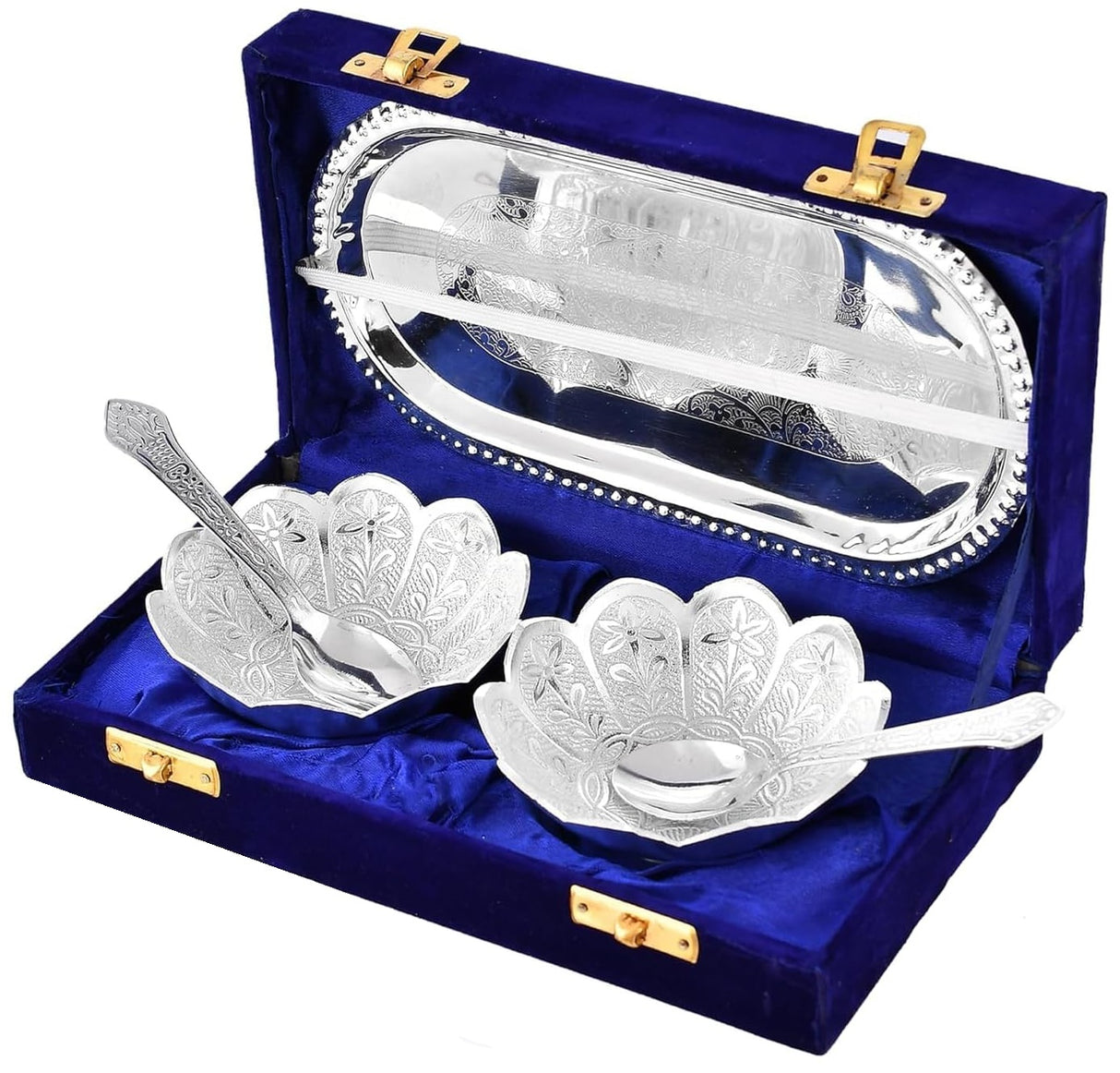 NOBILITY Silver Plated Bowl Spoon Tray Set Dessert Dry Fruits Serving Diwali Christmas Eid Wedding Return Gifts Friends Family Home Decoration Housewarming Corporate Gift items