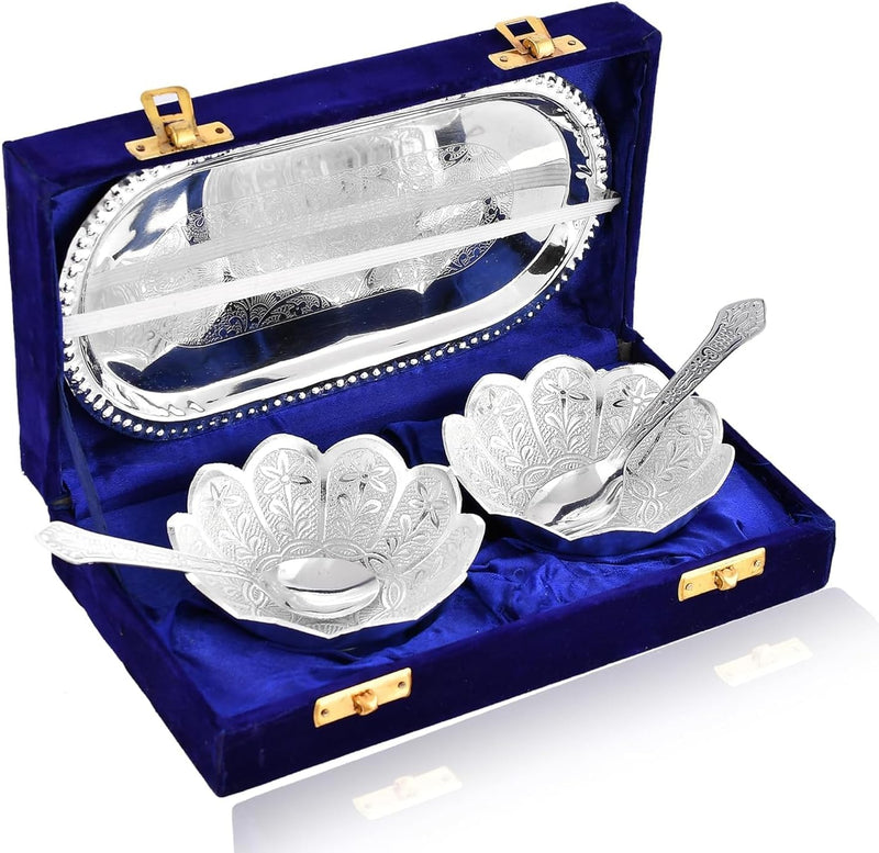 NOBILITY Bowl Spoon Tray Set Silver Plated Dry Fruits Dessert Serving Set Diwali Christmas Eid Wedding Return Gifts Friends Family Home Decorative Housewarming Corporate Gift tems