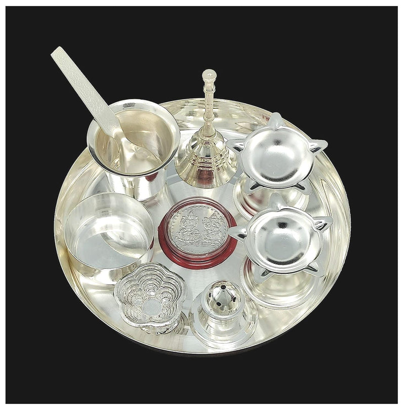 NOBILITY Silver Plated Pooja Thali Set 6 Inch Premium Puja Decorative for Home Mandir Office Wedding Return Gift Items