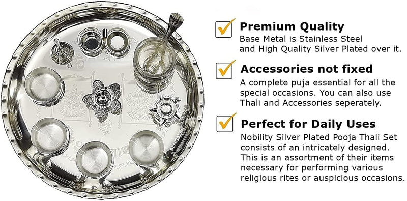 NOBILITY Premium Silver Plated Pooja thali Set 12 Inch Festival Ethnic Puja Thali for Diwali, Home, Temple, Office, Wedding Gift