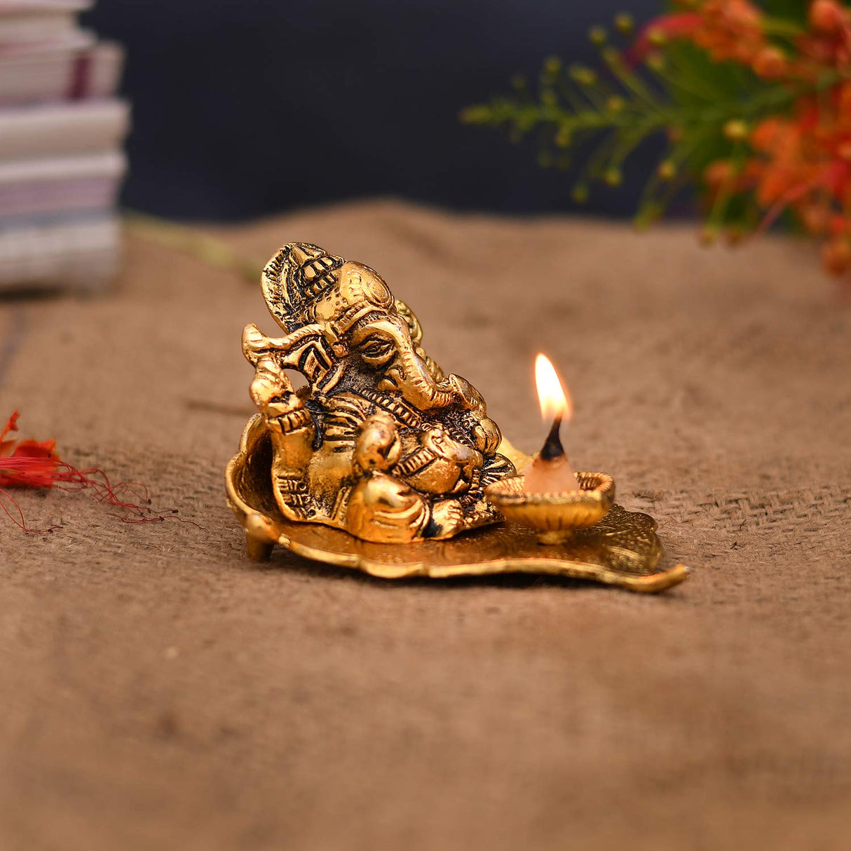 NOBILITY Ganesha on Leaf Statue Gold Ganesh Idol with Diya for Home Office Pooja Puja Diwali Decorative Wedding Return Gift Items