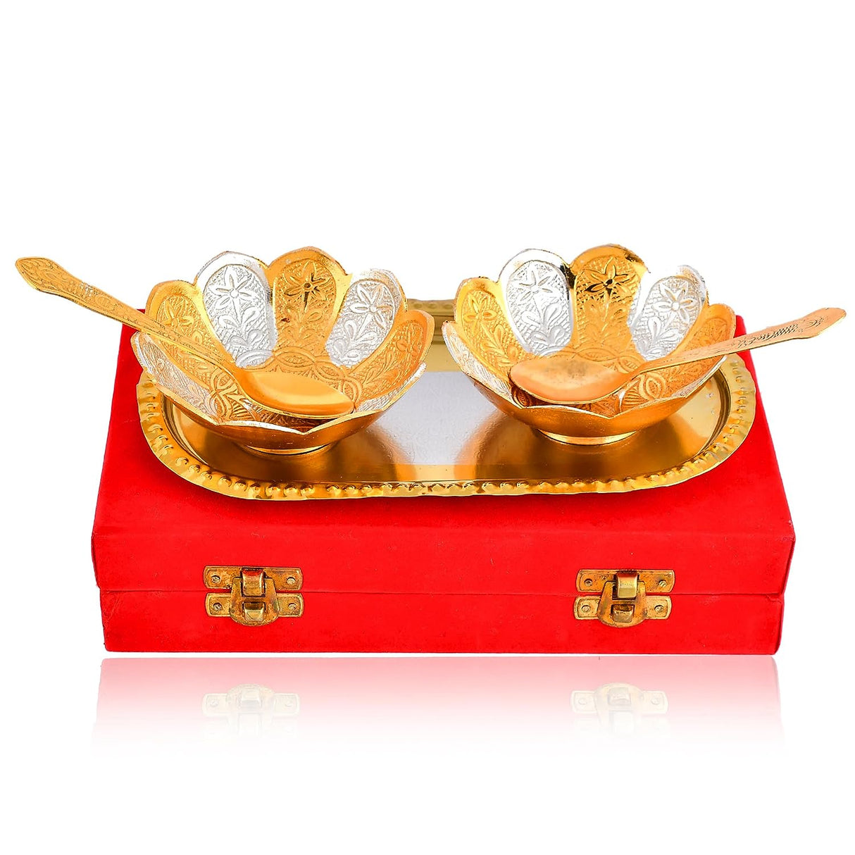 NOBILITY Bowl Spoon Tray Set Small Gold Silver Plated Dry Fruits Dessert Serving Diwali Eid Christmas Wedding Return Gifts Friends Family Housewarming Home Decoration Corporate Gift items