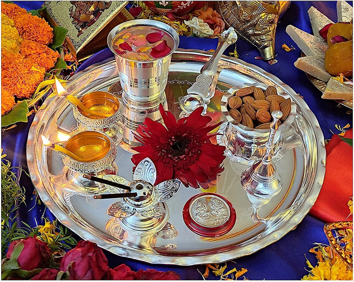 NOBILITY Silver Plated Pooja Thali Set 9.5 Inch with Plate Kalash Palli Diya Kumkum Holder Bowl Dhup Dan Coin Ghanti Puja Thali for Diwali Home Mandir Office Wedding Return Gift Items