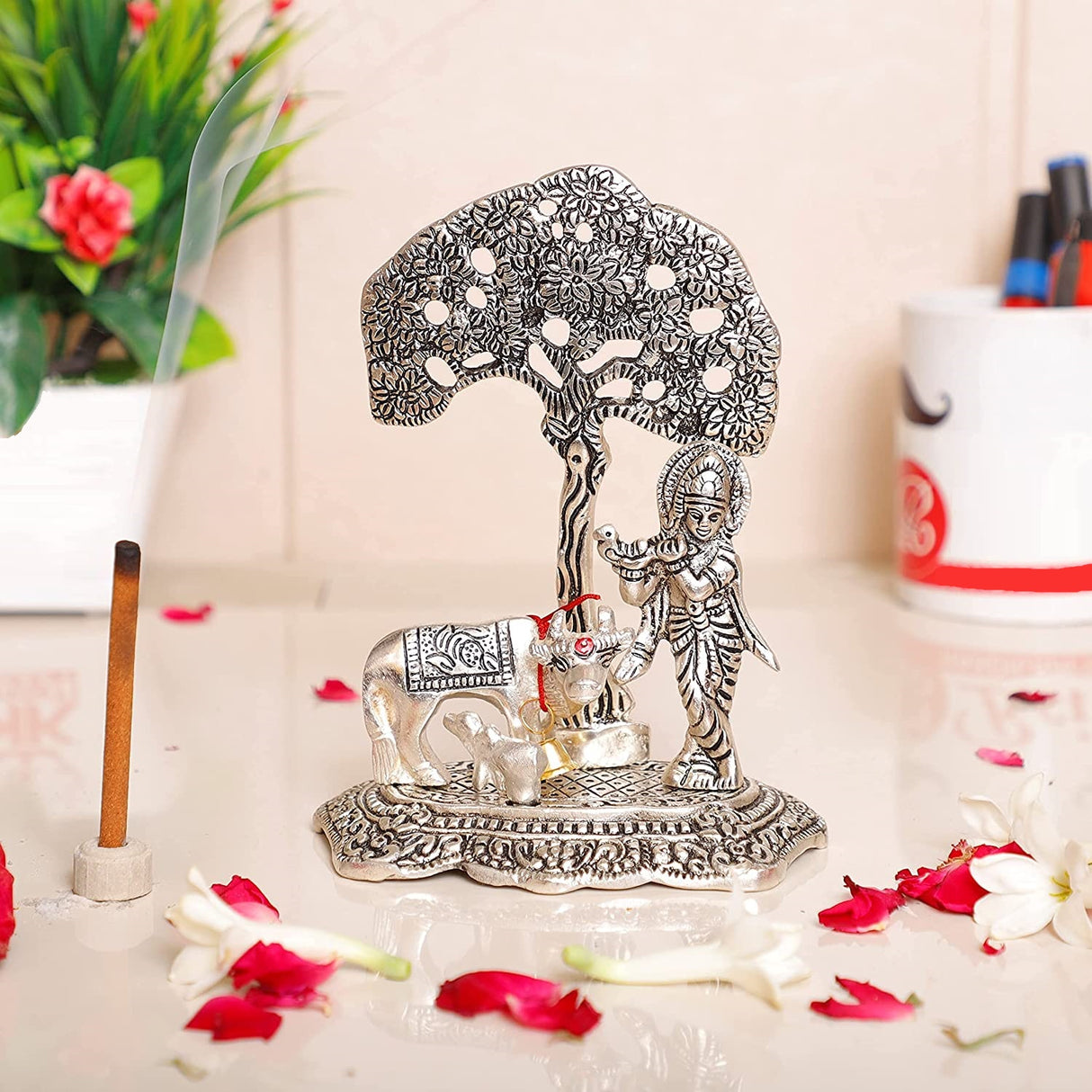 NOBILITY Krishna Statue Idol with Cow and Calf Under Tree Idol Hindu Puja Religious Murti for Janmashtami Home Decoration Temple Pooja Decor Wedding Gifts