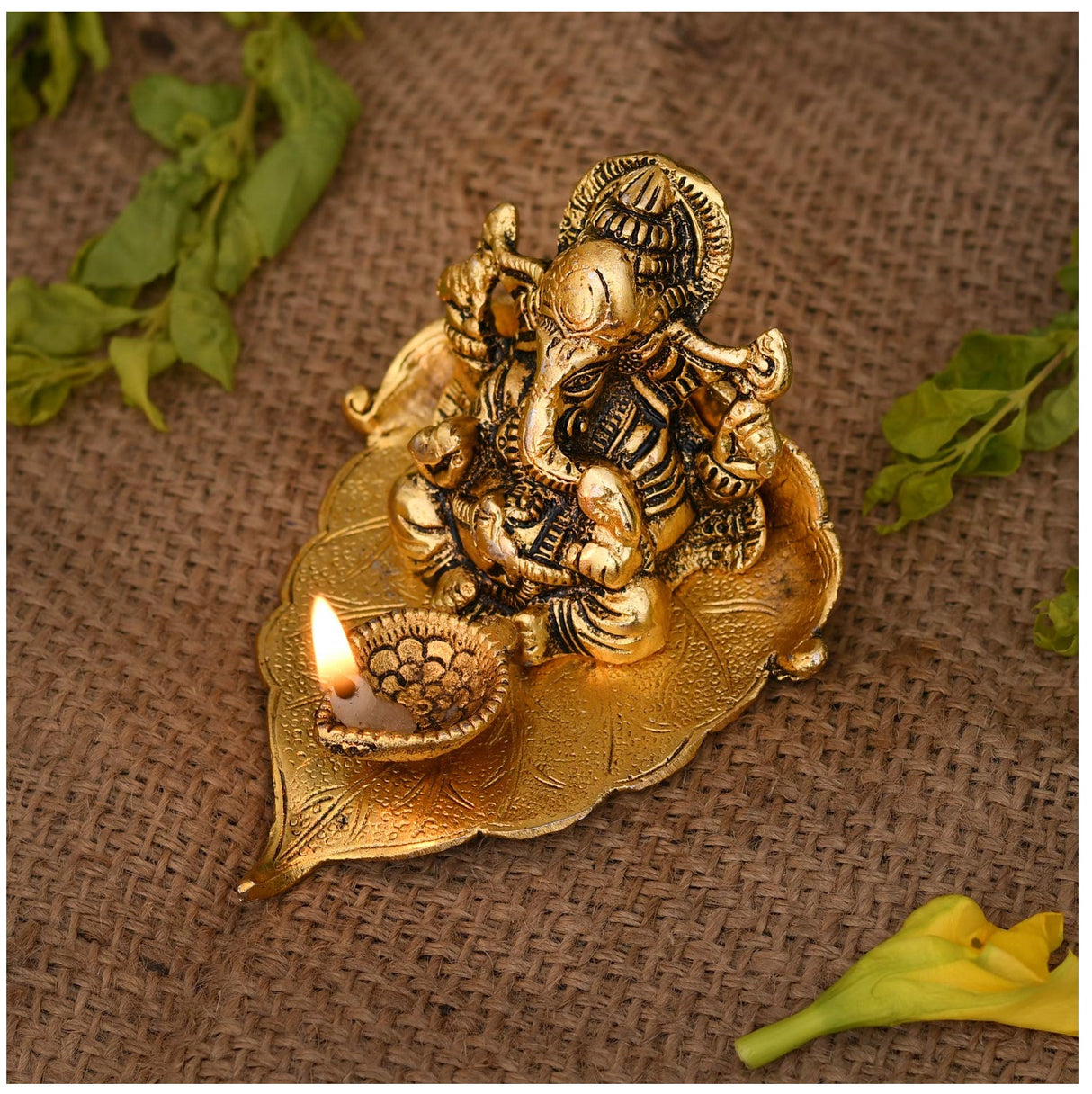 NOBILITY Ganesha on Leaf Statue Gold Ganesh Idol with Diya for Home Office Pooja Puja Diwali Decorative Wedding Return Gift Items