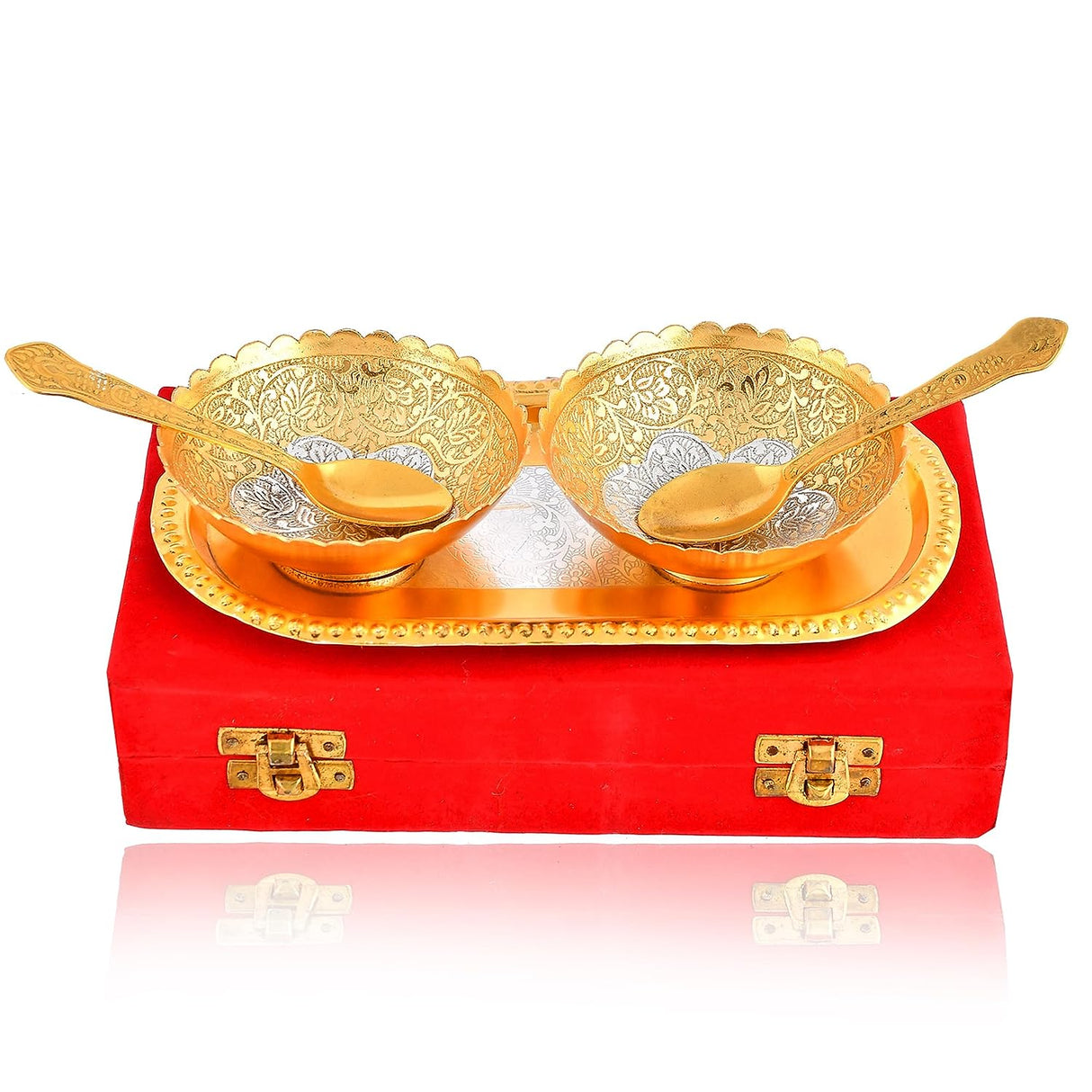 NOBILITY Bowl Spoon Tray Set Gold and Silver Plated Dry Fruits Dessert Serving Set Diwali Christmas Eid Wedding Return Gifts Friends Family Home Decorative Housewarming Corporate Gift tems