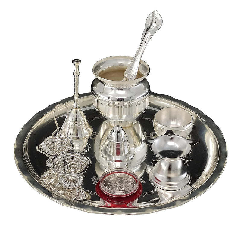 NOBILITY Silver Plated Pooja thali Set 8 Inch with Plate Ghanti Bowl Spoon Coin Dhup Dan Diya Kumkum Stand Puja Thali for Home Mandir Office Wedding Return Diwali Gift Items