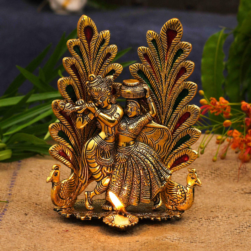 NOBILITY Radha Krishna Idol Statue with Diya Metal Gold Plated Peacock Design Hindu Religious Radha Krishan Showpiece Figurine for Janmashtami Home Temple Pooja Decorative Wedding Return Gift Items