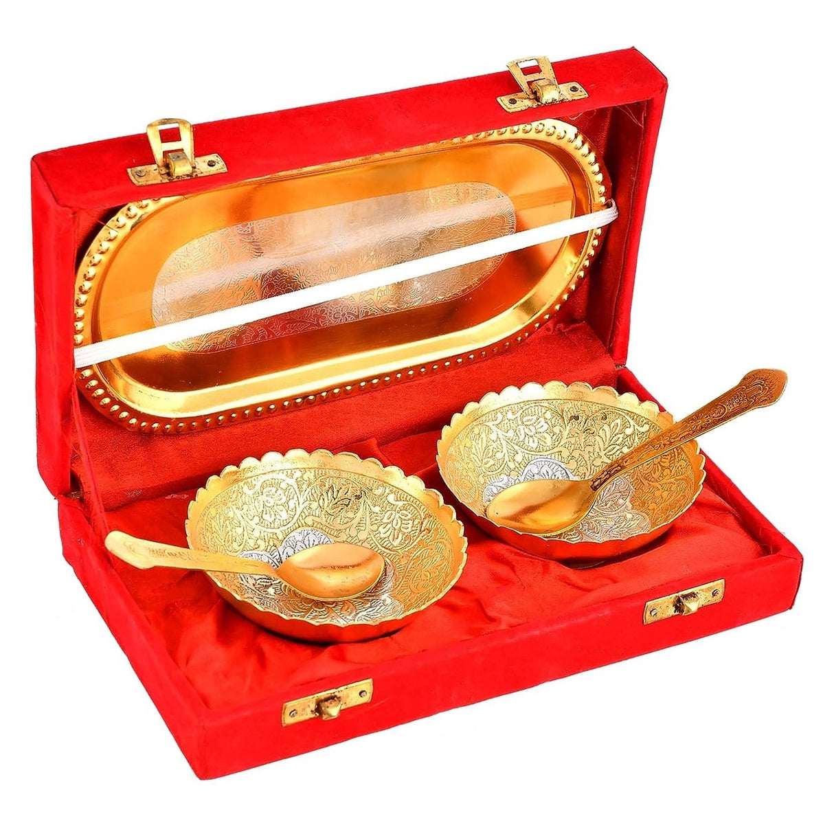 NOBILITY Bowl Spoon Tray Set Gold and Silver Plated Dry Fruits Dessert Serving Set Diwali Christmas Eid Wedding Return Gifts Friends Family Home Decorative Housewarming Corporate Gift tems