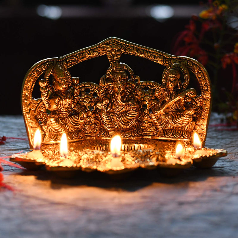 NOBILITY Lakshmi Ganesh Saraswati Statue with Diya Oil Deepak Metal Laxmi Ganesha Idol Showpiece Deepam Traditional Diya for Diwali Puja Home Decoration Wedding Return Gift Items