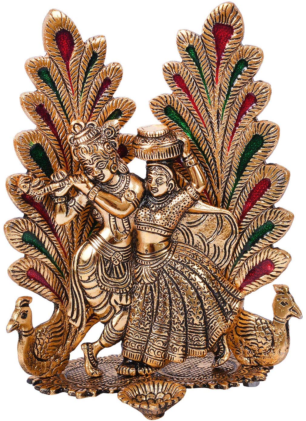 NOBILITY Radha Krishna Idol Statue with Diya Metal Gold Plated Peacock Design Hindu Religious Radha Krishan Showpiece