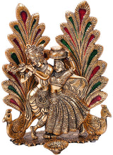 NOBILITY Radha Krishna Idol Statue with Diya Metal Gold Plated Peacock Design Hindu Religious Radha Krishan Showpiece