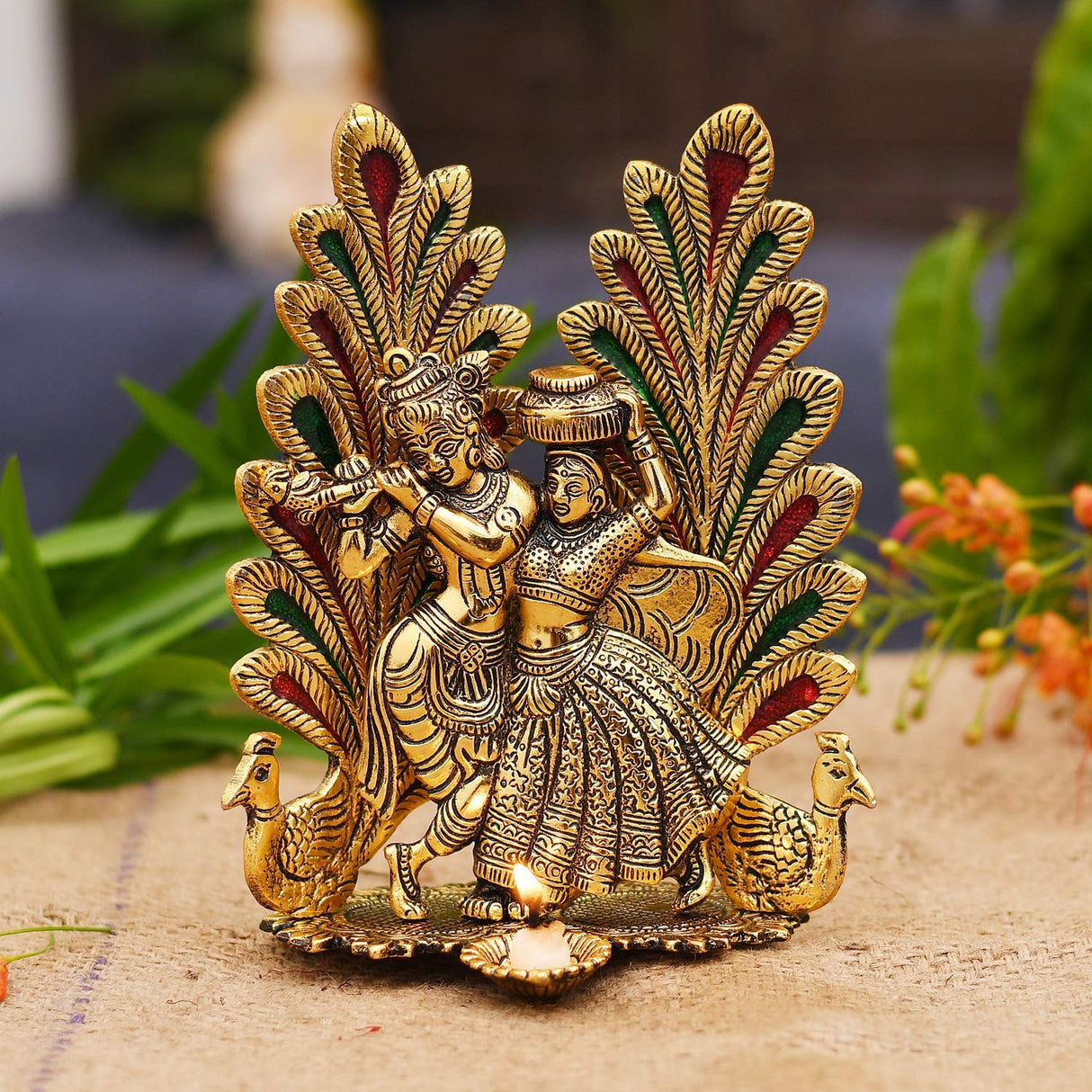 NOBILITY Radha Krishna Idol Statue with Diya Metal Gold Plated Peacock Design Hindu Religious Radha Krishan Showpiece