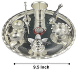 NOBILITY Silver Plated Pooja Thali Set 9.5 Inch with Plate Kalash Palli Diya Kumkum Holder Bowl Dhup Dan Coin Ghanti Puja Thali for Diwali Home Mandir Office Wedding Return Gift Items