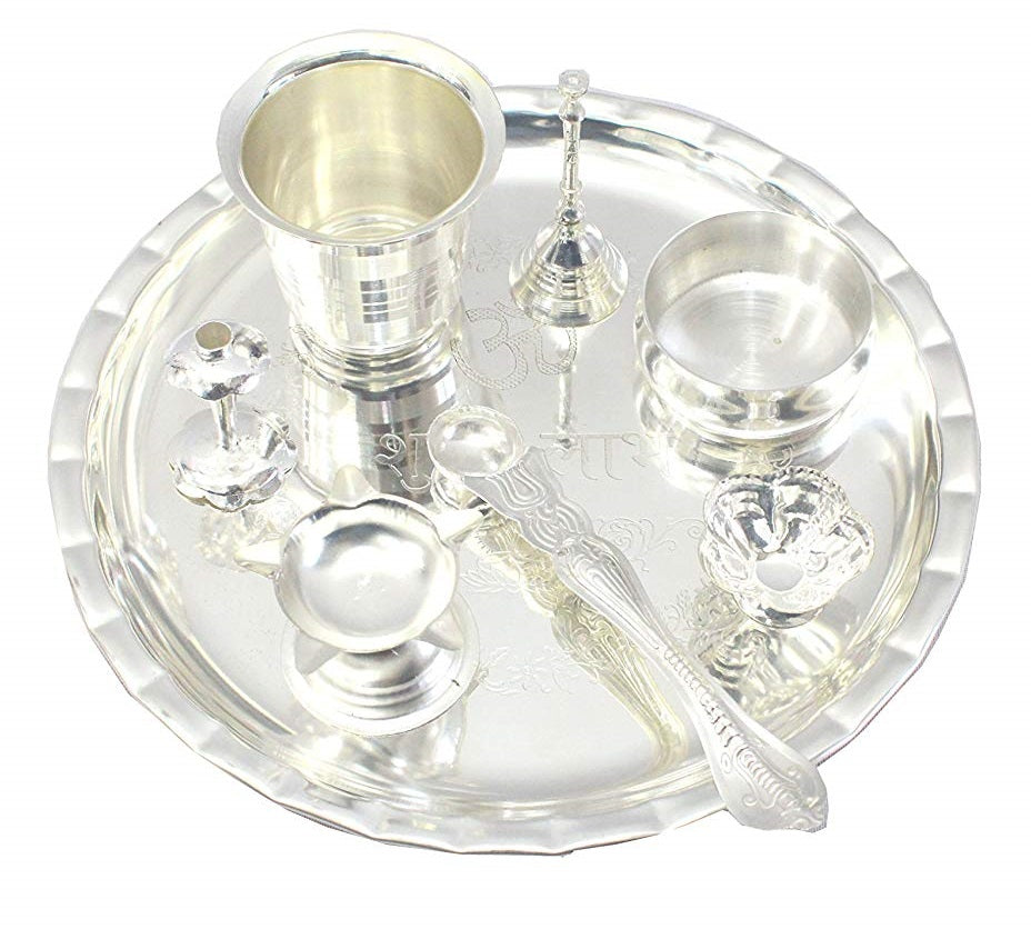 NOBILITY Pooja Thali Set Silver Plated Large 8 Inch Puja Thali for Diwali Decoration Gift Items Festival Ethnic Puja Thali for Temple Office Home Wedding Return Gifts