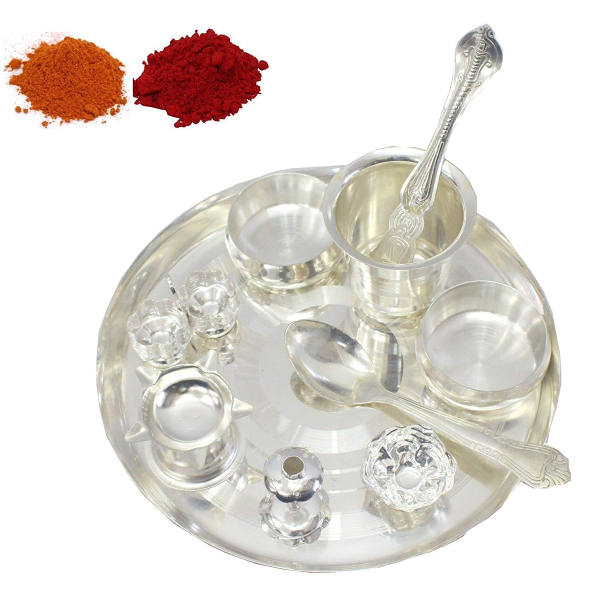 NOBILITY Pooja Thali Set Silver Plated Large 8 Inch Puja Thali for Diwali Decoration Gift Items Festival Ethnic Puja Thali for Temple Office Home Wedding Return Gifts