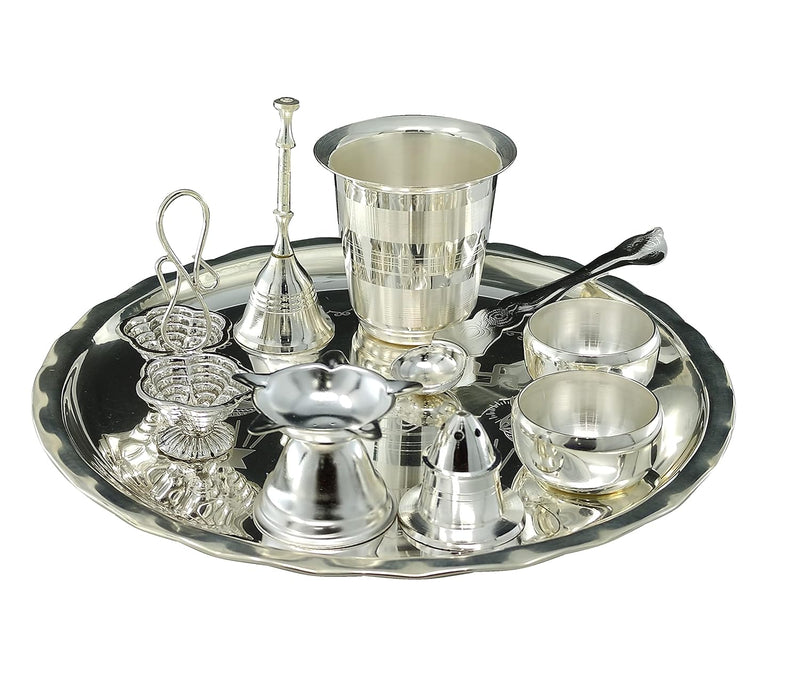 NOBILITY Silver Plated Pooja thali Set 8 Inch with Plate Bowl Glass Palli Diya Ghanti Kumkum Stand Dhup Dan Puja Thali for Diwali Home Office Mandir Wedding Return Gift Items