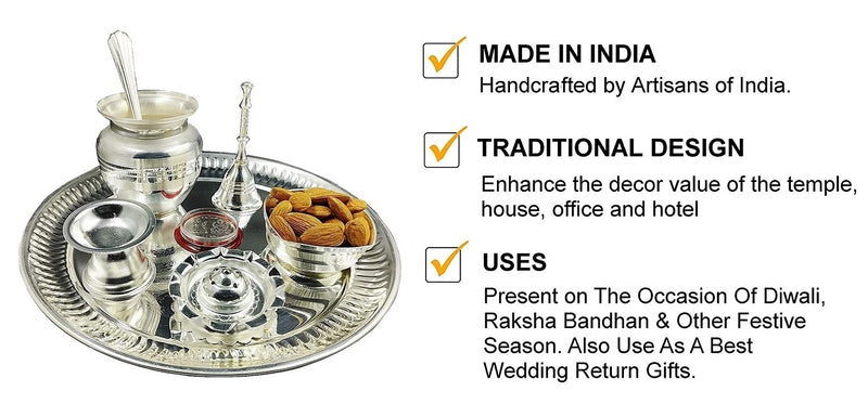 NOBILITY Silver Plated Puja Thali Set 08 Inch with Coin Pooja Thali Items for Diwali, Home, Temple, Office, Wedding Return Gift