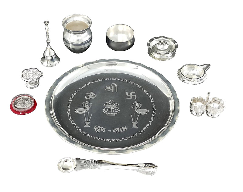 NOBILITY Silver Plated Pooja thali Set 8 Inch with Plate Bowl Spoon Kalash Kuber Diya Kumkum Holder Agarbatti Stand Coin Puja Thali for Home Mandir Office Wedding Return Diwali Gift Items